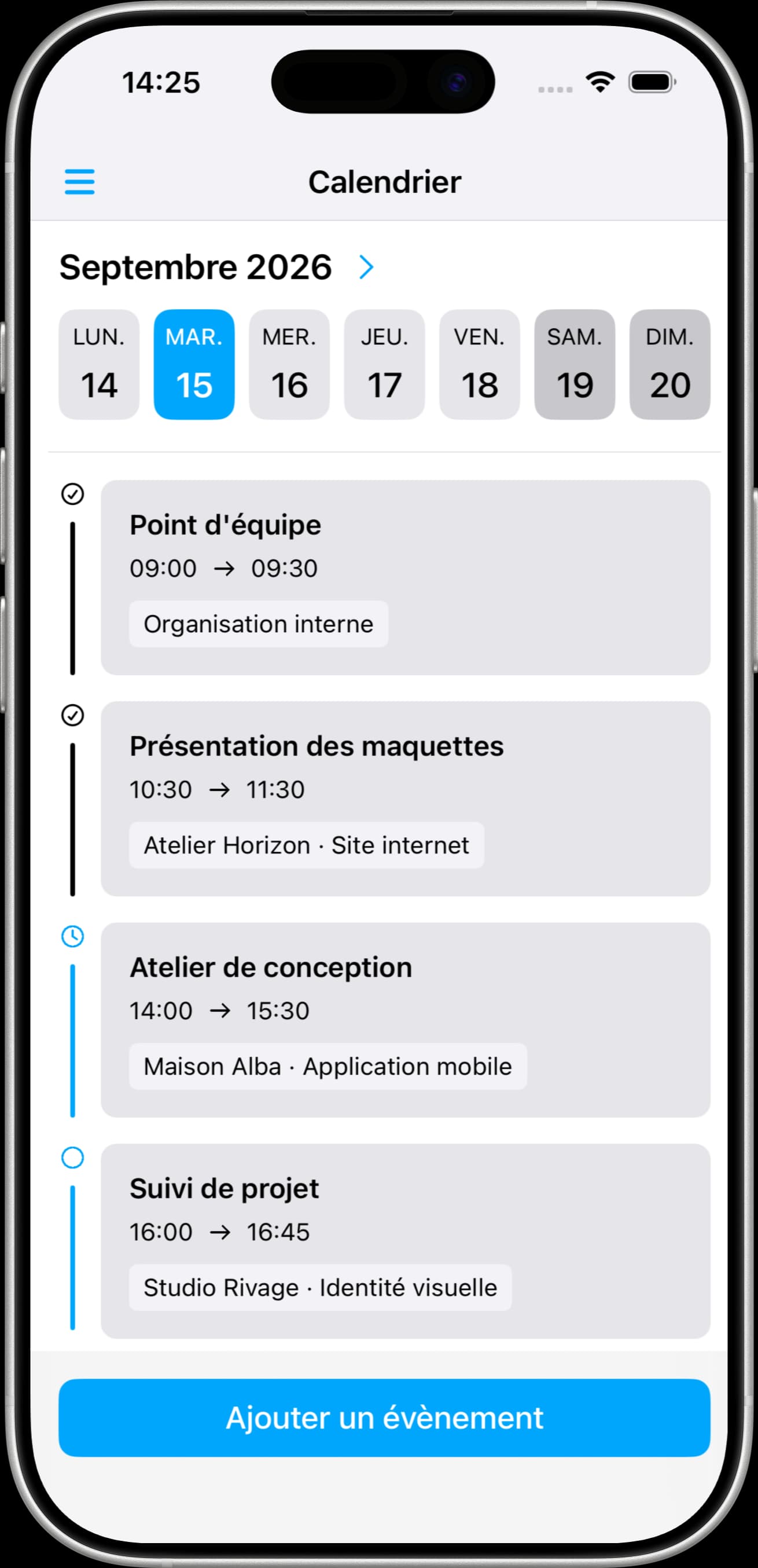 Interface de l’application Opentime & Fissa